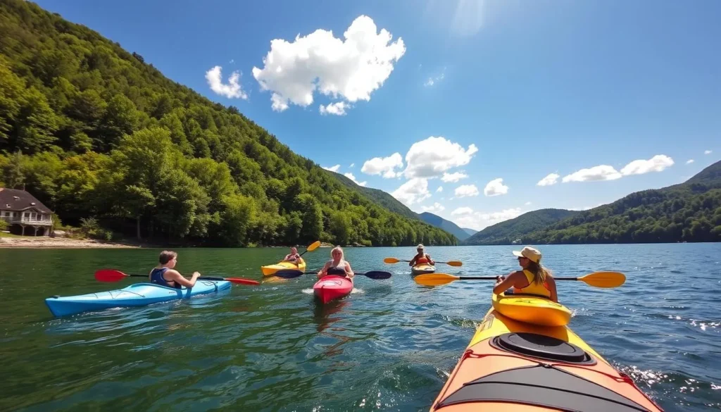 People kayaking on the Delaware River in Sullivan County New York on a sunny summer day