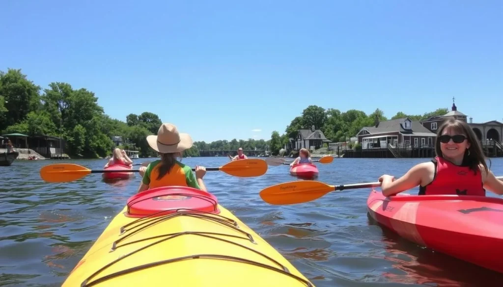 People kayaking on the Delaware River near Easton Pennsylvania People kayaking on the Delaware River near Easton Pennsylvania