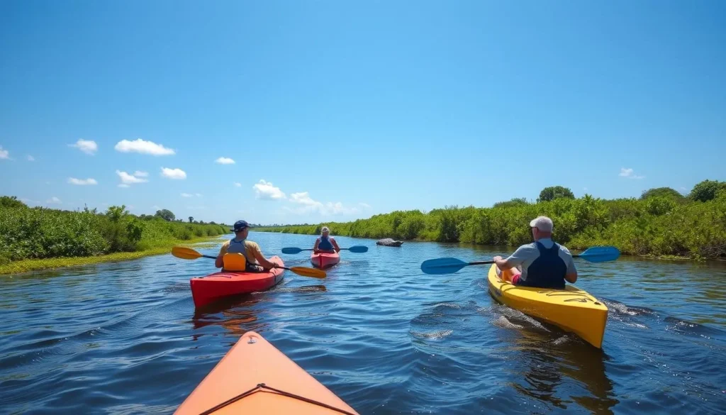 People kayaking on the St. Johns River in Seminole County with lush riverbanks and wildlife visible People kayaking on the St. Johns River in Seminole County with lush riverbanks and wildlife visible