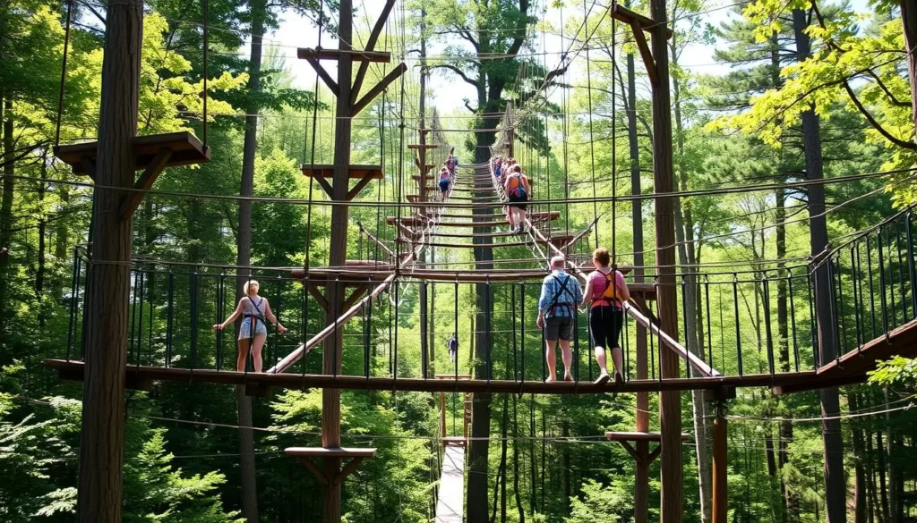 People navigating rope bridges at Adirondack Extreme Adventure Course in Warren County, NY People navigating rope bridges at Adirondack Extreme Adventure Course in Warren County, NY