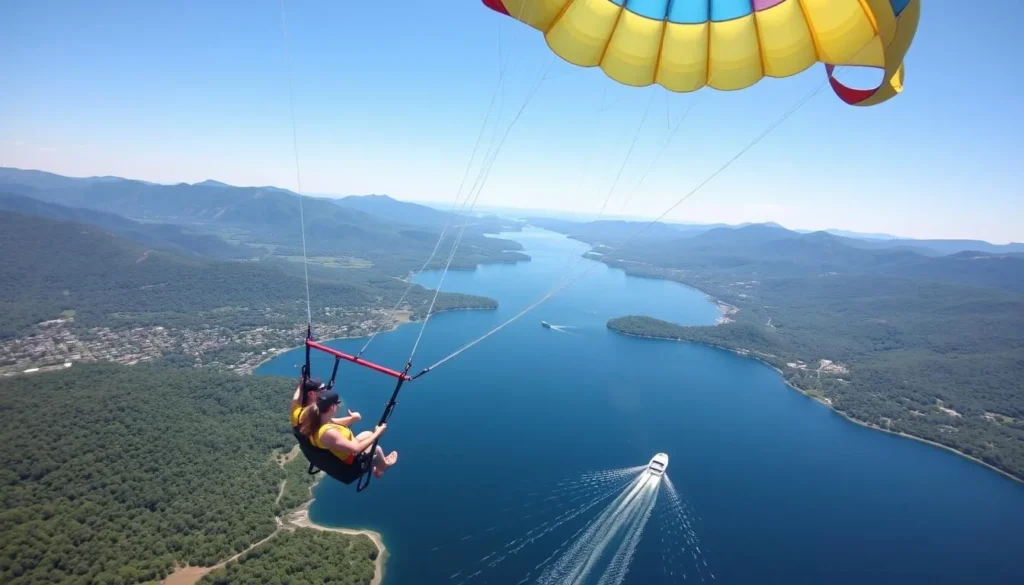 People parasailing high above Lake George with panoramic views of Warren County, NY People parasailing high above Lake George with panoramic views of Warren County, NY