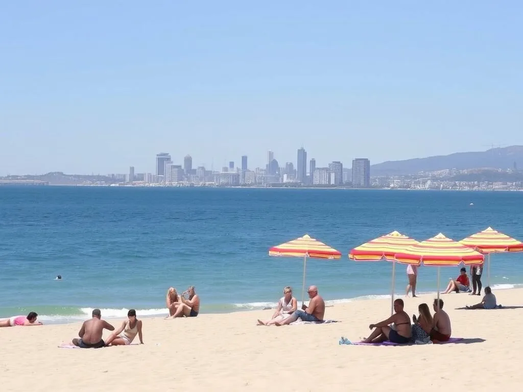 People relaxing on the beach in Puerto Madryn with the city skyline visible People relaxing on the beach in Puerto Madryn with the city skyline visible