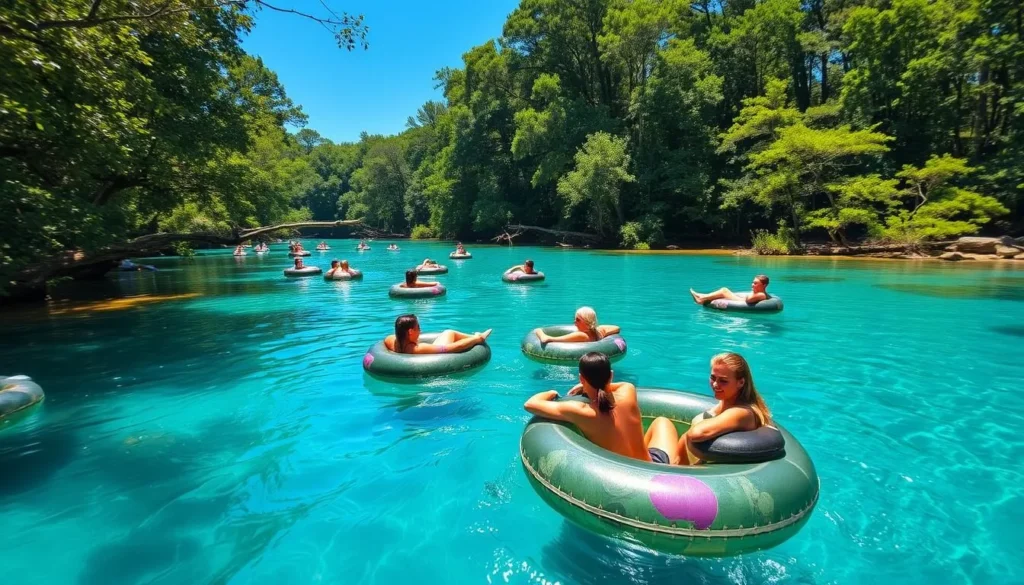 People tubing down the crystal clear waters of Ichetucknee Springs State Park in Columbia County Florida People tubing down the crystal clear waters of Ichetucknee Springs State Park in Columbia County Florida
