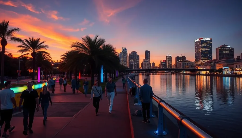 People walking along the Tampa Riverwalk at sunset with colorful lights and downtown skyline People walking along the Tampa Riverwalk at sunset with colorful lights and downtown skyline