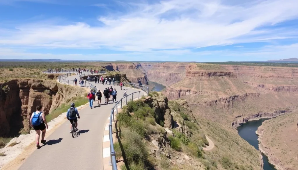 People walking on the Snake River Canyon Rim Trail with canyon views in Twin Falls Idaho