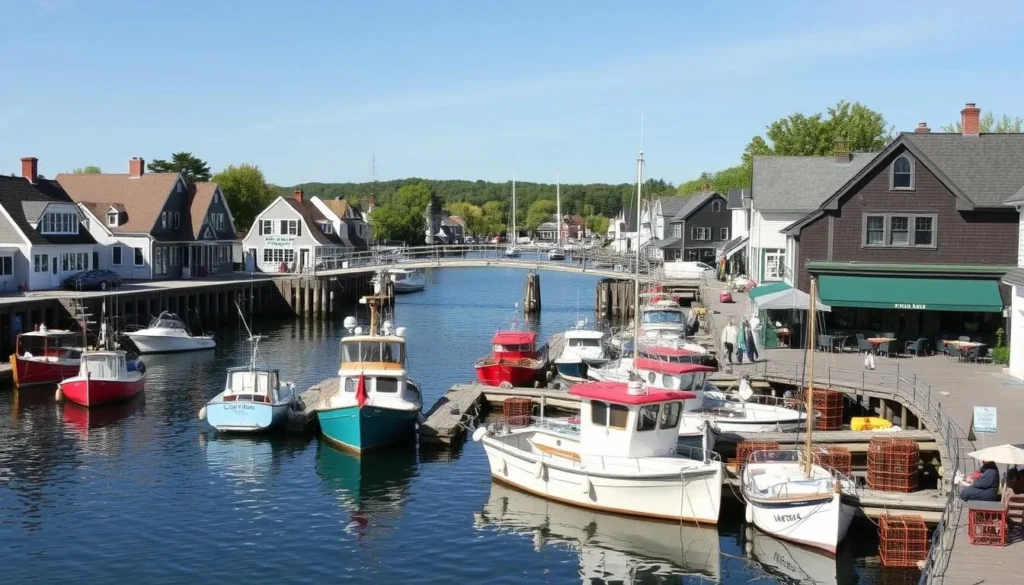 Perkins Cove harbor with fishing boats and the famous footbridge