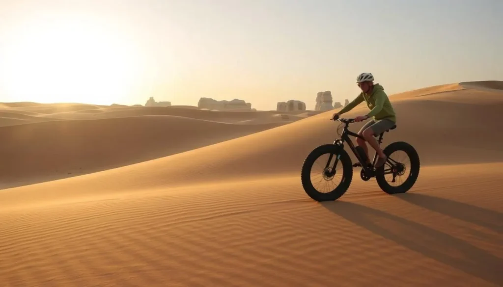 Person fat biking across the sand dunes in Brouq Nature Reserve at sunset Person fat biking across the sand dunes in Brouq Nature Reserve at sunset