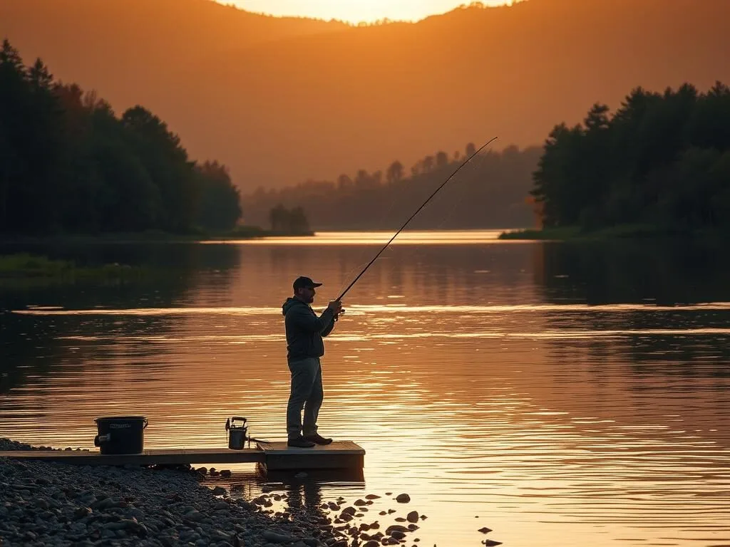Person fishing at a scenic lake in Chenango County New York, highlighting one of the best things to do for outdoor enthusiasts Person fishing at a scenic lake in Chenango County New York, highlighting one of the best things to do for outdoor enthusiasts
