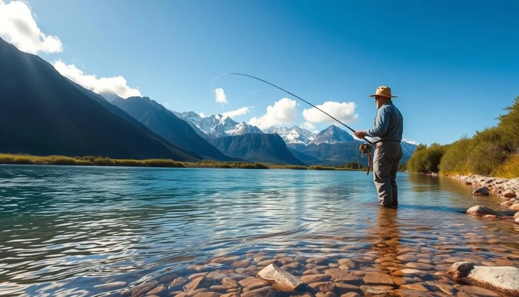 Person fly fishing in the Limay River with mountains in background