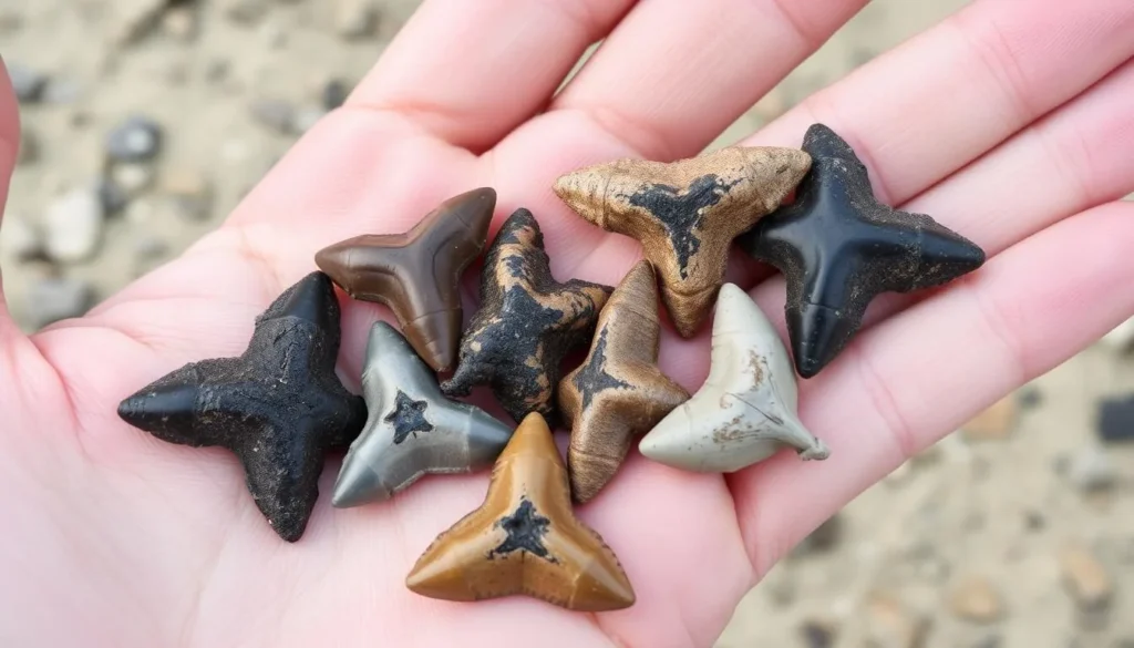 Person holding fossilized shark teeth found at Bayfront Park beach Person holding fossilized shark teeth found at Bayfront Park beach