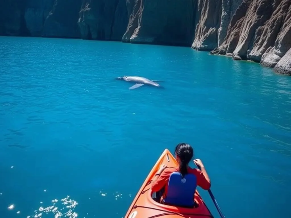 Person kayaking near the cliffs of Puerto Piramides with whales visible in the distance Person kayaking near the cliffs of Puerto Piramides with whales visible in the distance