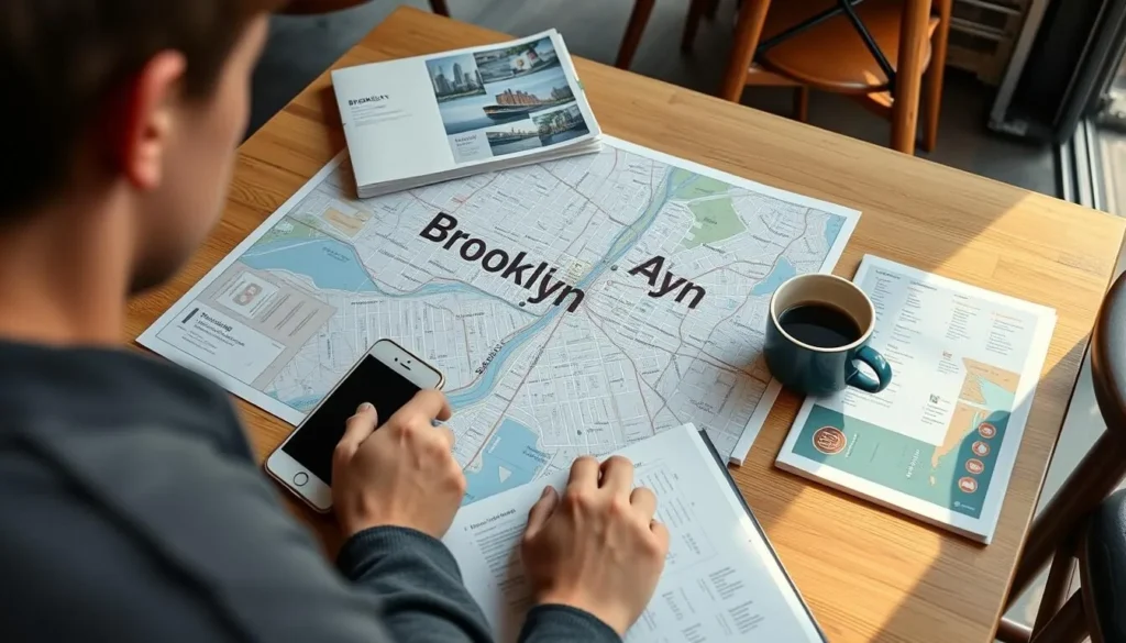 Person planning Brooklyn trip with map, guidebook and coffee at a Brooklyn cafe Person planning Brooklyn trip with map, guidebook and coffee at a Brooklyn cafe