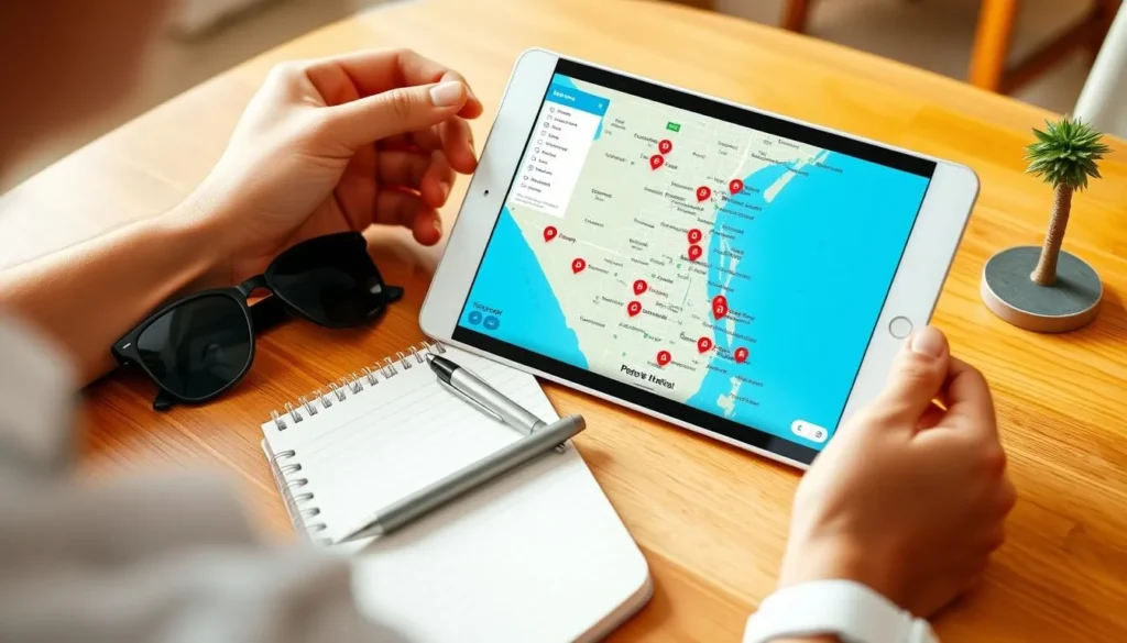 Person planning Miami trip on tablet showing map of Miami attractions and best things to do in Miami Florida Person planning Miami trip on tablet showing map of Miami attractions and best things to do in Miami Florida