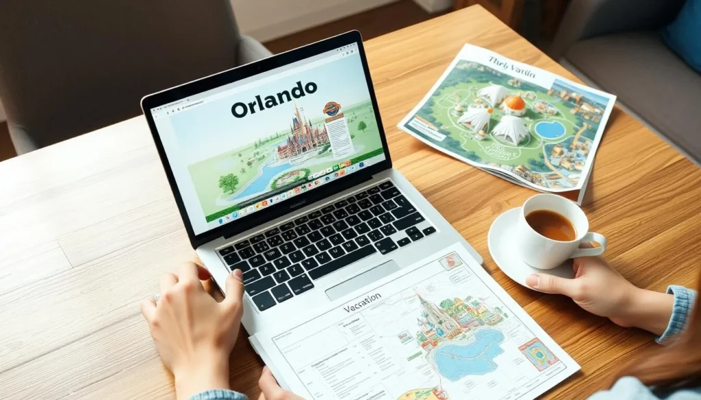 Person planning Orlando vacation on laptop with theme park map and travel guide Person planning Orlando vacation on laptop with theme park map and travel guide