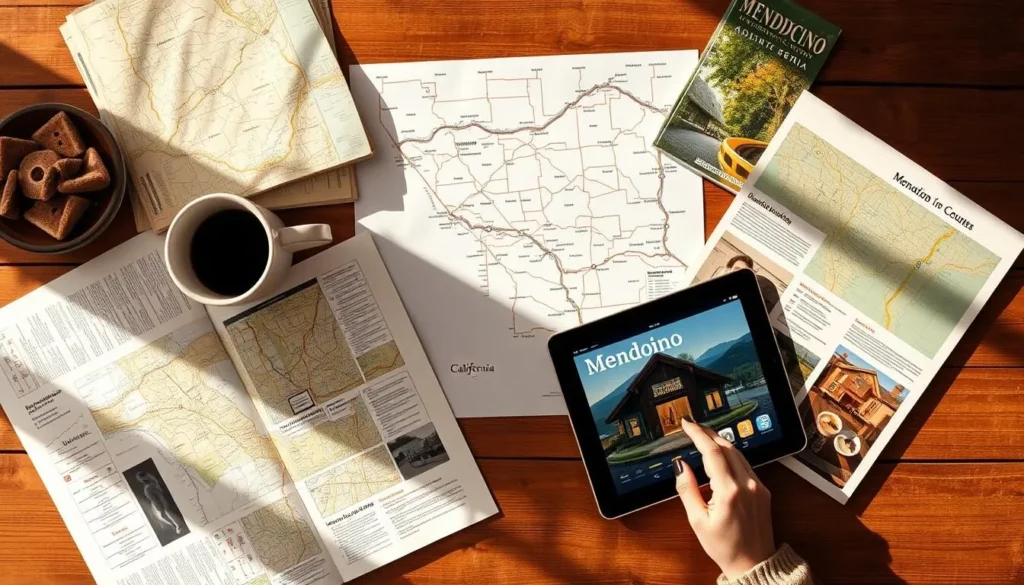 Person planning a Mendocino County California trip with maps and guidebooks on a wooden table Person planning a Mendocino County California trip with maps and guidebooks on a wooden table