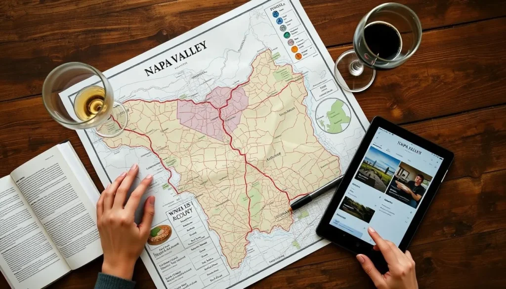 Person planning a Napa Valley trip with map, wine glasses, and travel guide on wooden table Person planning a Napa Valley trip with map, wine glasses, and travel guide on wooden table