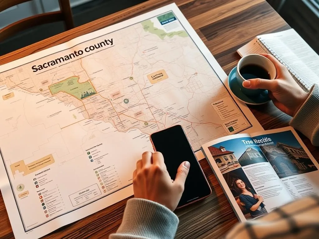 Person planning a Sacramento trip with map, guidebook, and coffee Person planning a Sacramento trip with map, guidebook, and coffee