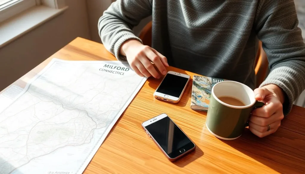 Person planning a trip to Milford Connecticut with map and guidebook Person planning a trip to Milford Connecticut with map and guidebook