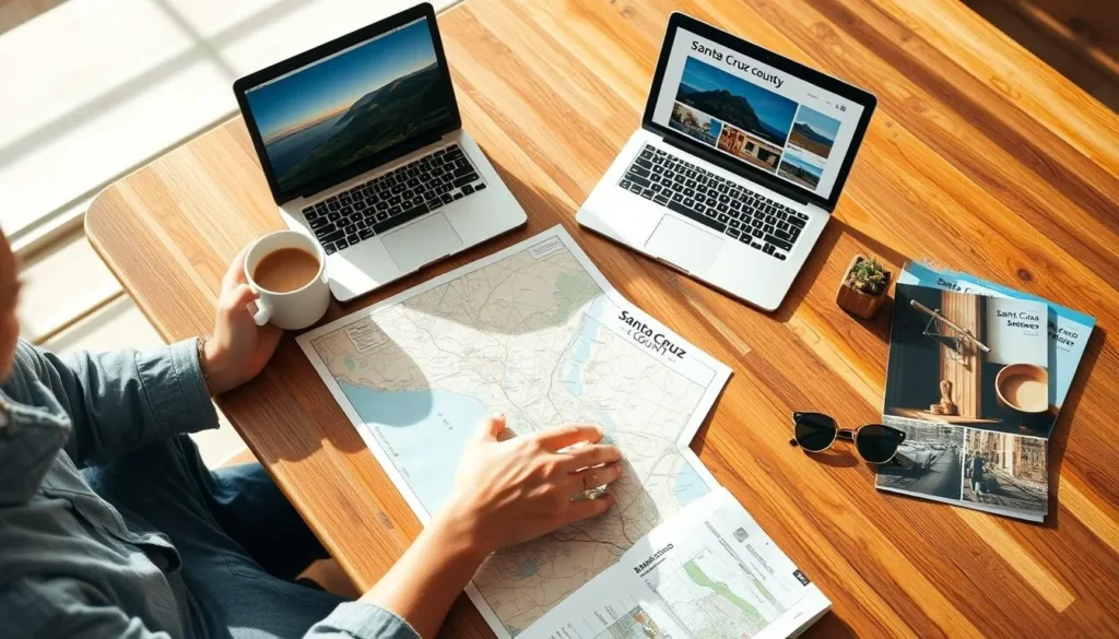 Person planning a trip to Santa Cruz County with a map, guidebook, and laptop showing Santa Cruz attractions Person planning a trip to Santa Cruz County with a map, guidebook, and laptop showing Santa Cruz attractions
