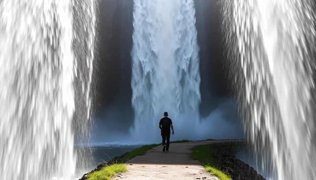 Person walking behind Perrine Coulee Falls in Twin Falls Idaho