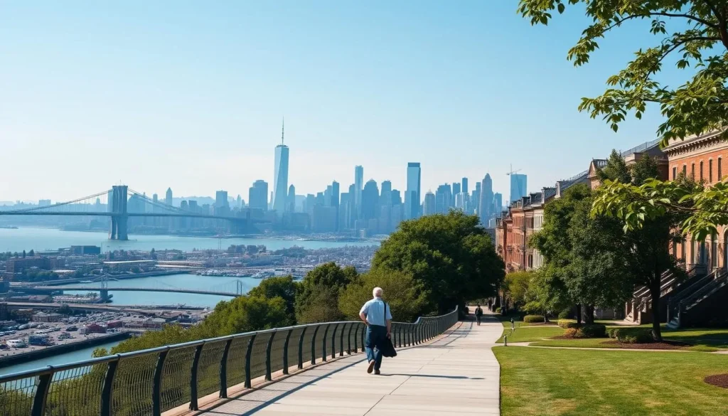 Person walking on Brooklyn Heights Promenade with Manhattan skyline view Person walking on Brooklyn Heights Promenade with Manhattan skyline view