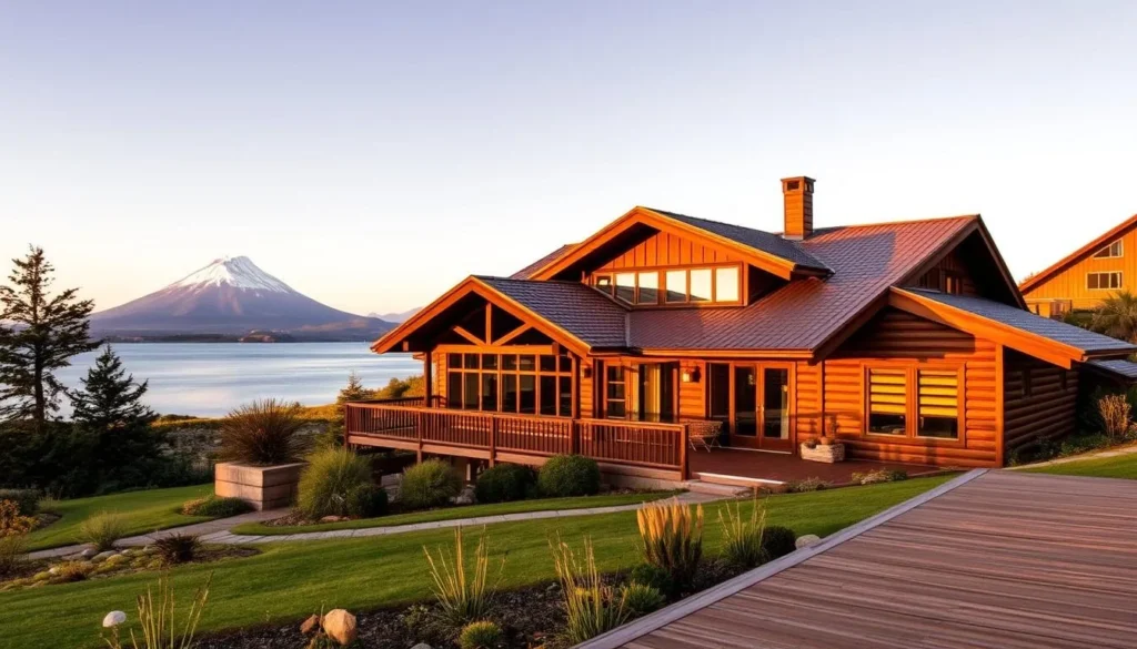 Petrohue Lodge with view of Osorno Volcano and Lake Todos los Santos in Vicente Pérez Rosales National Park Petrohue Lodge with view of Osorno Volcano and Lake Todos los Santos in Vicente Pérez Rosales National Park