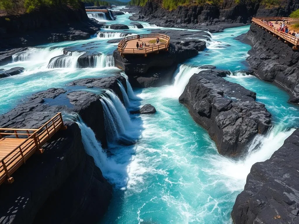 Petrohué Waterfalls with emerald waters flowing through volcanic rock formations in Vicente Pérez Rosales National Park Petrohué Waterfalls with emerald waters flowing through volcanic rock formations in Vicente Pérez Rosales National Park