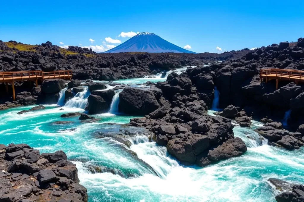 Petrohué Waterfalls with turquoise waters flowing through volcanic rock formations in Vicente Pérez Rosales National Park Petrohué Waterfalls with turquoise waters flowing through volcanic rock formations in Vicente Pérez Rosales National Park