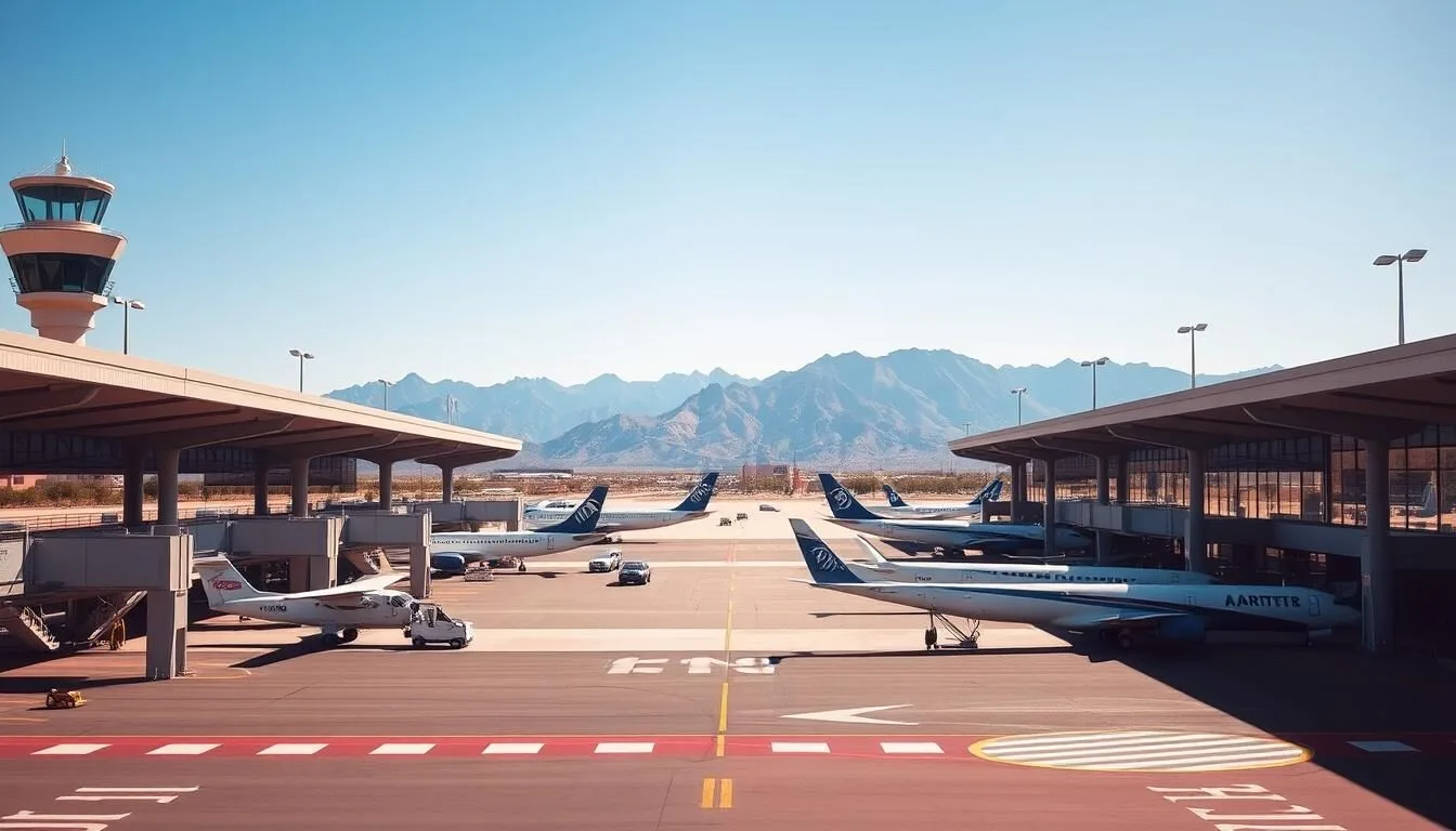 Phoenix-Mesa Gateway Airport with planes and desert mountains in background