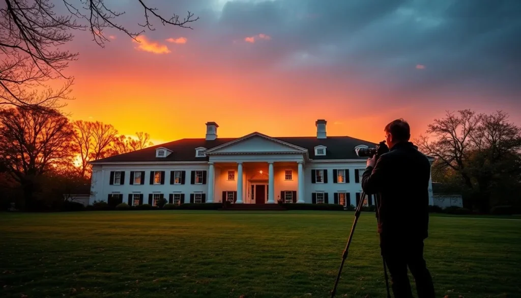 Photographer capturing Mount Vernon's mansion with dramatic sunset lighting in early fall