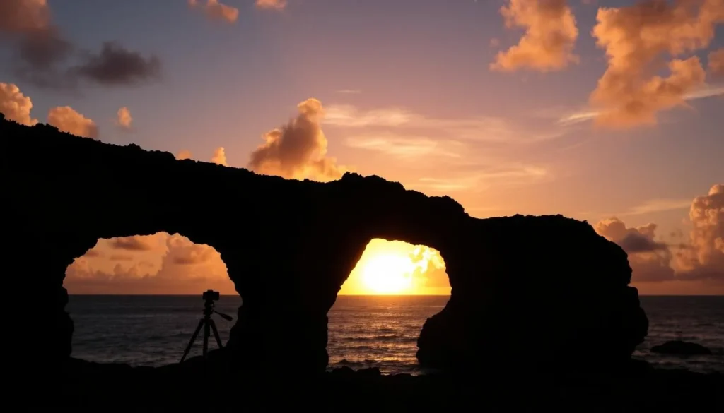 Photographer capturing sunrise at Devil's Bridge in Indian Town National Park with dramatic lighting Photographer capturing sunrise at Devil's Bridge in Indian Town National Park with dramatic lighting