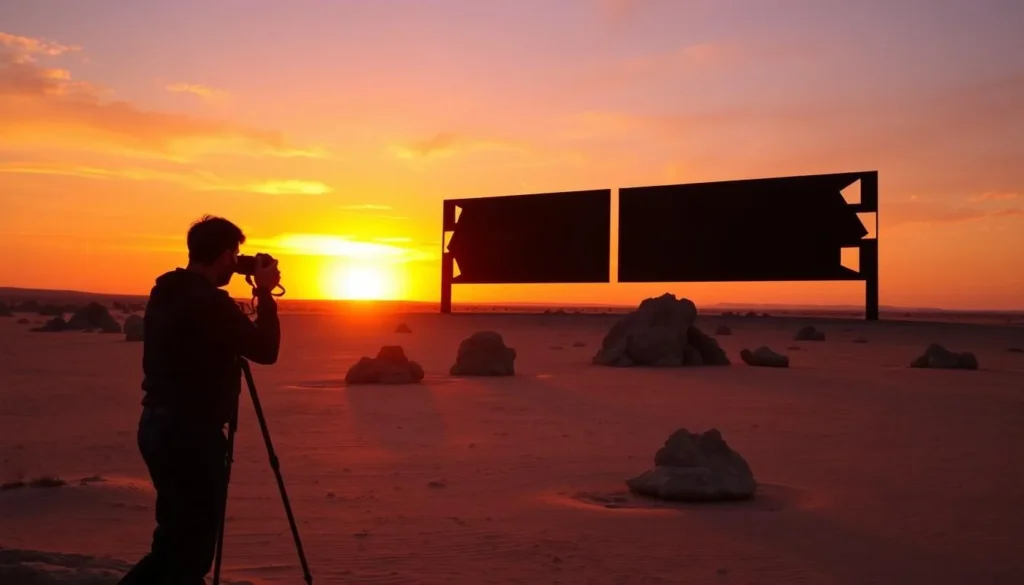 Photographer capturing sunset at Brouq Nature Reserve with Richard Serra's installation silhouetted against the colorful sky Photographer capturing sunset at Brouq Nature Reserve with Richard Serra's installation silhouetted against the colorful sky