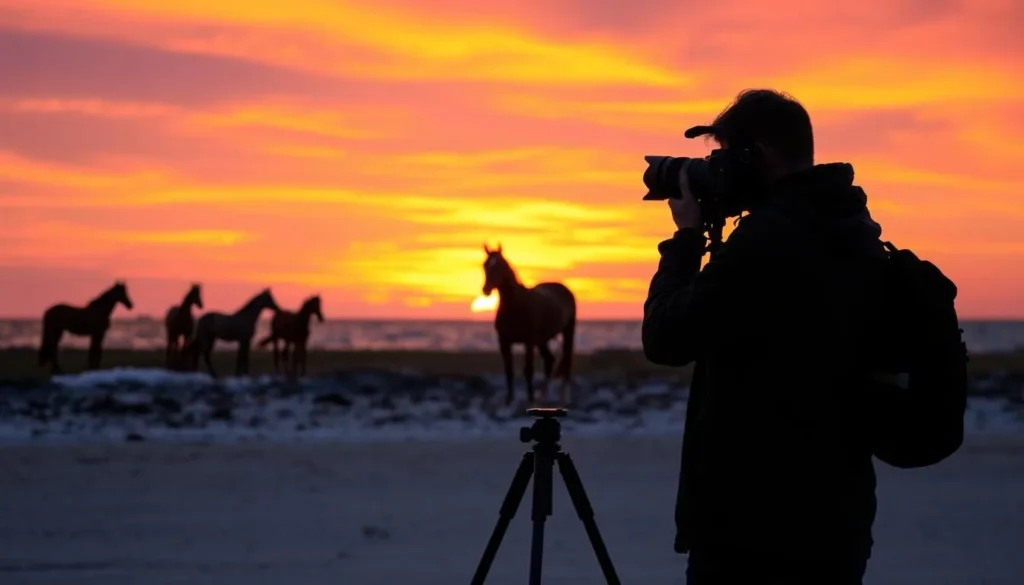 Photographer capturing sunset on Assateague Island, Delaware with horses silhouetted Photographer capturing sunset on Assateague Island, Delaware with horses silhouetted