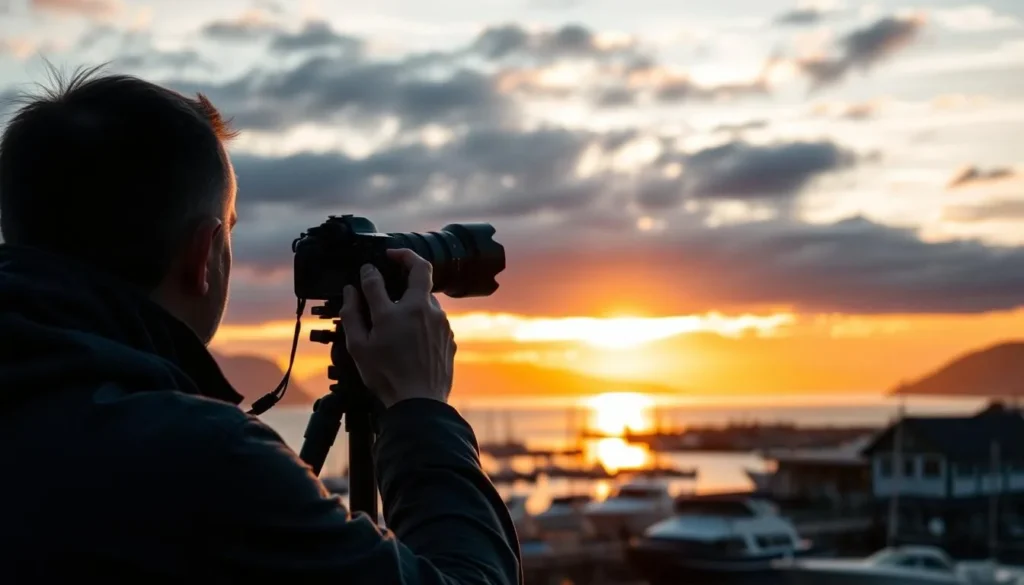 Photographer capturing sunset over Dutch Harbor with dramatic lighting