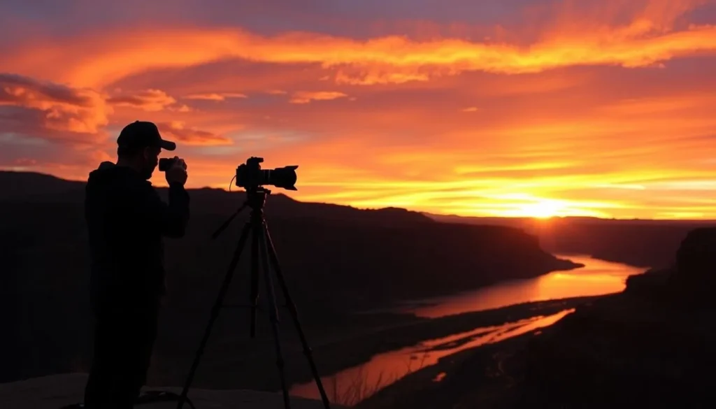 Photographer capturing sunset over Snake River Canyon in Twin Falls Idaho