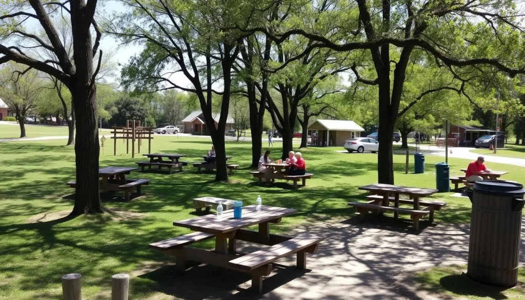 Picnic area at Crater of Diamonds State Park with tables under shade trees Picnic area at Crater of Diamonds State Park with tables under shade trees