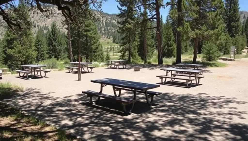 Picnic area at Pictograph Cave State Park with tables and facilities surrounded by natural landscape Picnic area at Pictograph Cave State Park with tables and facilities surrounded by natural landscape