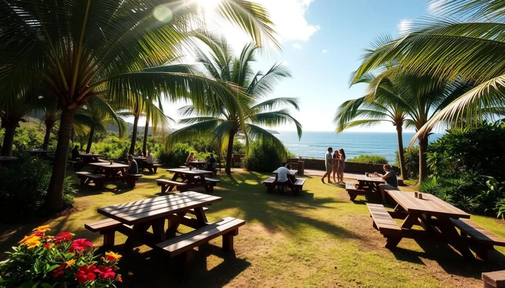 Picnic areas nestled in the lush, verdant landscape of Kikaua Point Park. Sunlight filters through swaying palm fronds, casting a warm glow on the inviting wooden tables and benches. Vibrant tropical flowers dot the scene, complementing the scenic ocean vistas in the distance. Families and friends gather, enjoying al fresco meals and taking in the tranquil ambiance. The atmosphere is one of relaxation and connection with nature, perfectly capturing the essence of the park's amenities. A wide-angle lens captures the expansive yet intimate setting, showcasing the harmonious blend of manmade and natural elements.