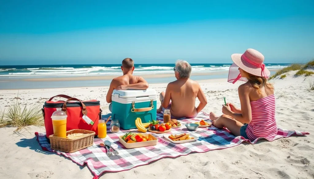 Picnic setup on Assateague Island, Delaware beach with cooler and food Picnic setup on Assateague Island, Delaware beach with cooler and food