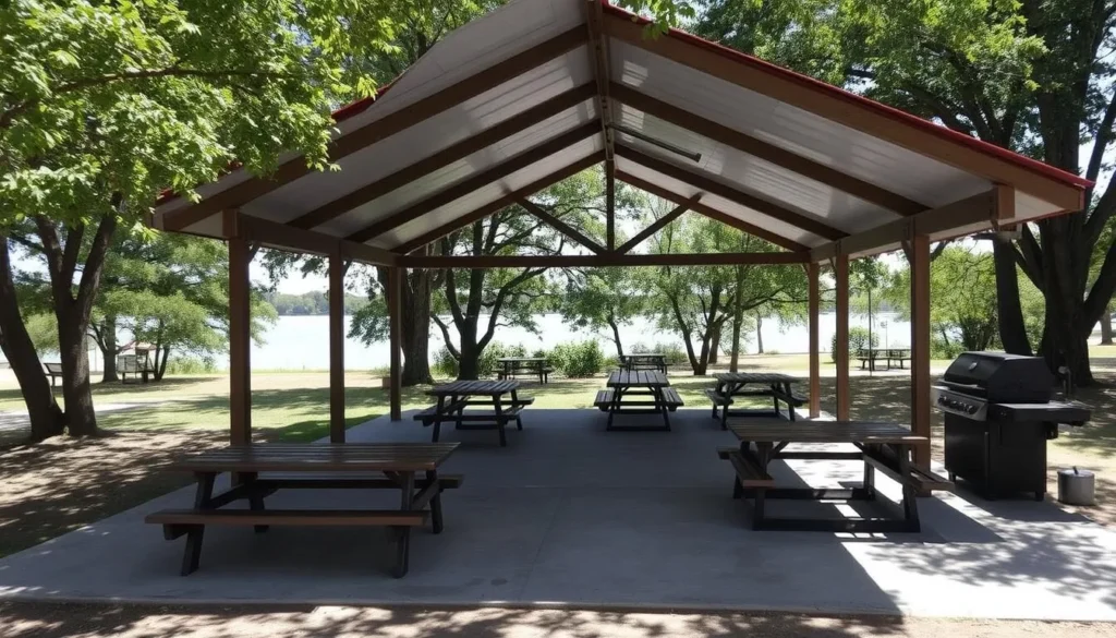 Picnic shelter at Island Lake County Park with tables and grilling area Picnic shelter at Island Lake County Park with tables and grilling area