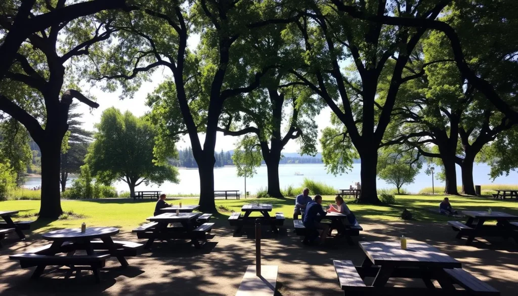 Picnic tables nestled in a sun-dappled grove, surrounded by lush greenery and towering trees. A warm, inviting scene with wooden benches and tabletops, perfect for alfresco dining and leisurely gatherings. In the foreground, a family enjoys a hearty meal, their laughter and chatter filling the air. The middle ground features several empty tables, ready to welcome more visitors. In the background, a tranquil lake reflects the cloudless sky, hinting at the serene natural beauty of the Folsom Lake setting. The overall atmosphere is one of relaxation, comfort, and appreciation for the great outdoors.