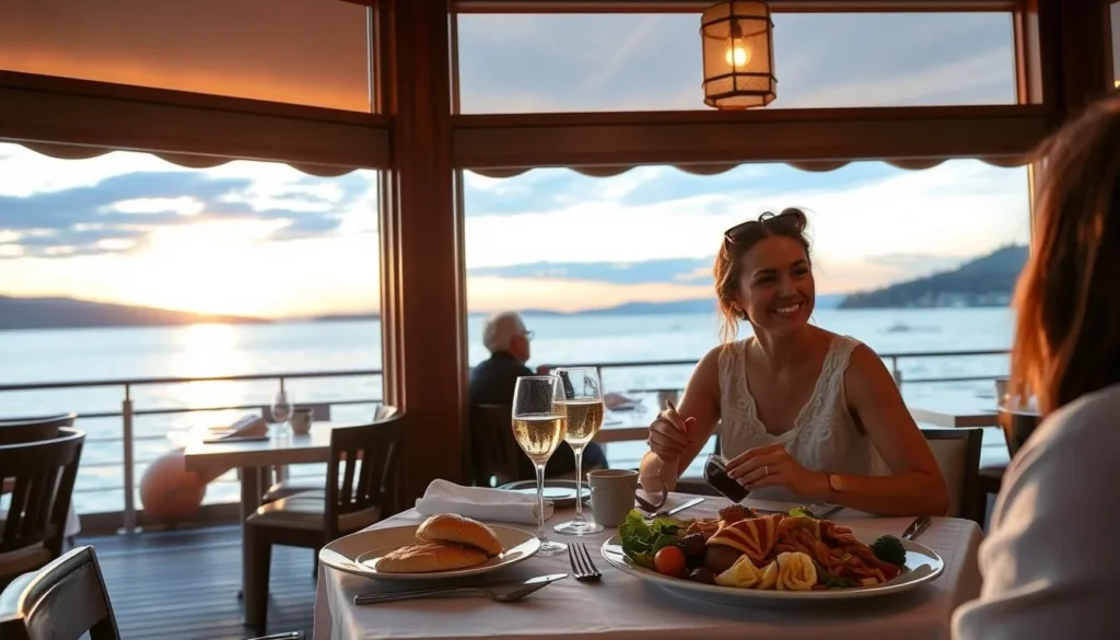 Picture yourself enjoying a meal at a waterfront restaurant with a stunning view.