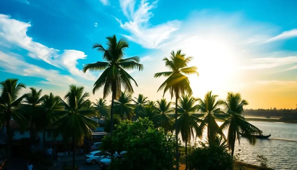 Picturesque Khulna skyline during a pleasant afternoon, with wispy clouds drifting across a bright azure sky. Sunlight filters through the verdant canopy of towering palm trees, casting a warm, golden glow over the bustling streets below. In the distance, the shimmering waters of the Rupsha River reflect the tranquil scenery, while local boats gently drift along the current. The air is filled with the aroma of fragrant spices and the lively chatter of the friendly locals going about their daily lives. A serene and inviting atmosphere that perfectly captures the best time to visit this vibrant Bangladeshi city.