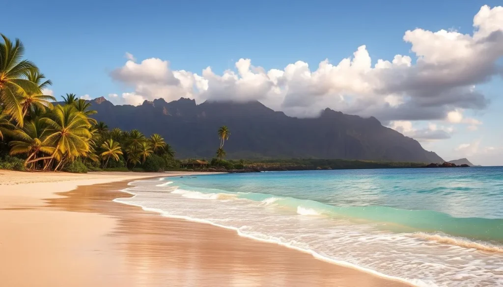 Picturesque Oahu beachscape showcasing the island's seasonal allure. A sun-drenched morning scene with soft, golden light illuminating the pristine white sand and tranquil turquoise waves lapping the shore. Verdant palm trees sway gently in the warm breeze, casting gentle shadows across the serene landscape. In the distance, rugged volcanic mountains rise majestically, providing a stunning backdrop. The image captures the essence of Oahu's beaches - a harmonious blend of tropical paradise and natural beauty, enticing visitors to experience the island's seasonal delights.