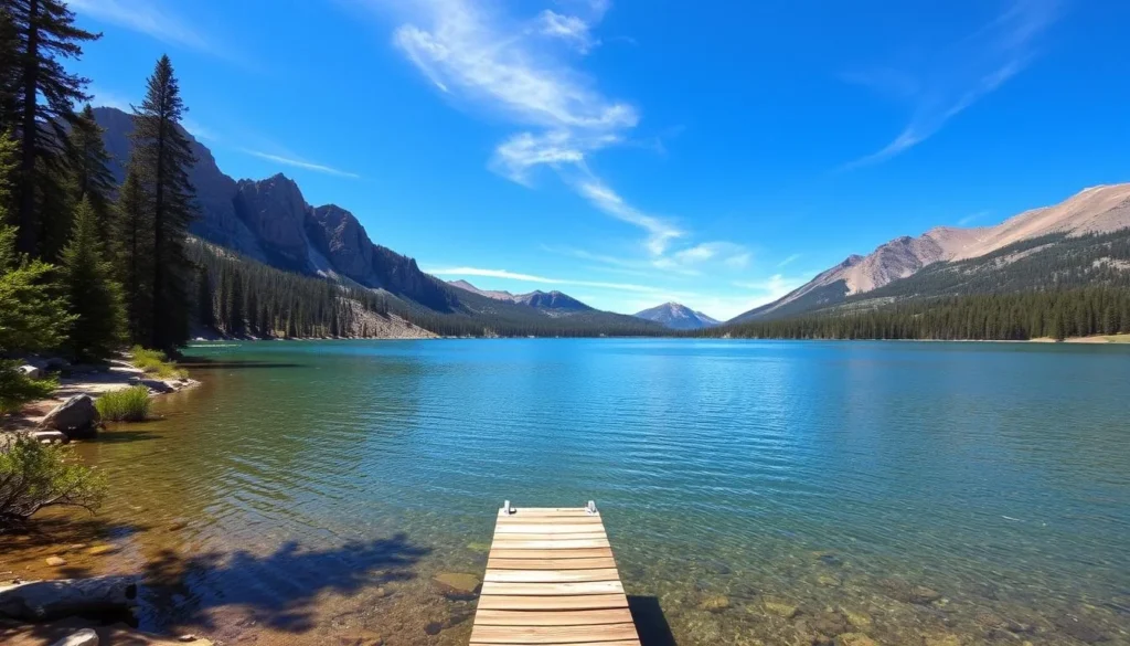 Picturesque Pine Flat Lake nestled amidst the majestic Sierra Nevada mountains. Sunlight glistens on the serene, turquoise waters, surrounded by lush evergreen forests and rugged granite peaks. In the foreground, a small wooden dock extends into the lake, inviting visitors to explore. The tranquil atmosphere is accentuated by a clear, blue sky with wispy clouds. The scene is captured through a wide-angle lens, showcasing the stunning natural beauty of this hidden gem in California's wilderness.