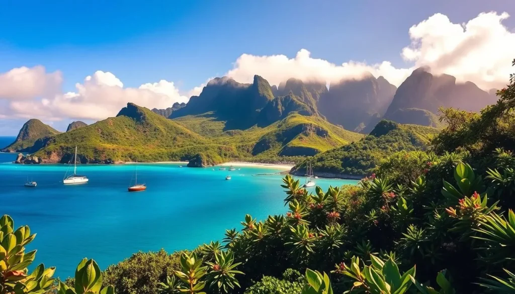 Picturesque Pitcairn Island in the South Pacific, bathed in warm sunlight and vibrant hues. A lush, verdant landscape with tropical foliage framing a tranquil harbor. Sailboats gently rocking on the calm, turquoise waters. Rugged cliffs rise in the distance, their craggy outlines softened by wispy clouds. Capture the island's natural beauty and inviting atmosphere, ideal for a weather-savvy adventure during the best visiting months.