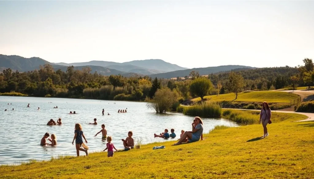 Picturesque lakeside scene at Nipomo Reservoir on a sunny day. Families enjoying a variety of outdoor activities - children playing in the shallow waters, parents relaxing on the grassy banks, couples strolling along the well-maintained trails. In the background, rolling hills and lush vegetation create a serene, naturalistic backdrop. Warm, golden lighting illuminates the tranquil setting, while a slight breeze rustles the foliage. The atmosphere is one of relaxation and quality time spent together in a beautiful, family-friendly environment.