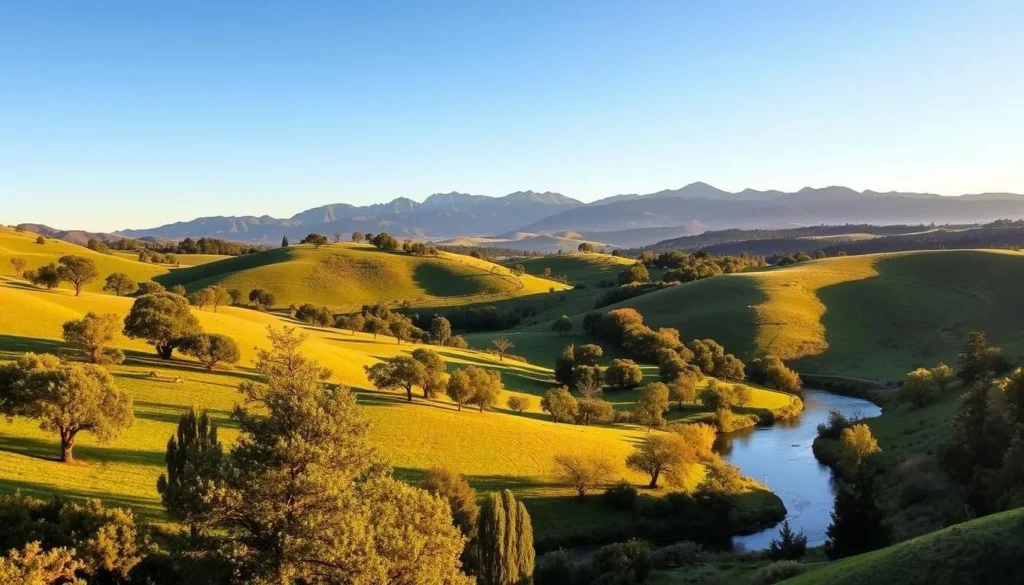 Picturesque landscape of San Luis Obispo County, California. Lush rolling hills dotted with majestic oak trees, bathed in warm golden sunlight. In the foreground, a winding river meanders through the verdant scenery. Farther away, the stunning silhouette of the Santa Lucia Mountains rises majestically against a clear blue sky. The scene exudes a peaceful, tranquil atmosphere, inviting viewers to explore the natural wonders of this beautiful region. Captured with a wide-angle lens to showcase the breadth of the landscape, the image conveys the essence of the top attractions in San Luis Obispo County.