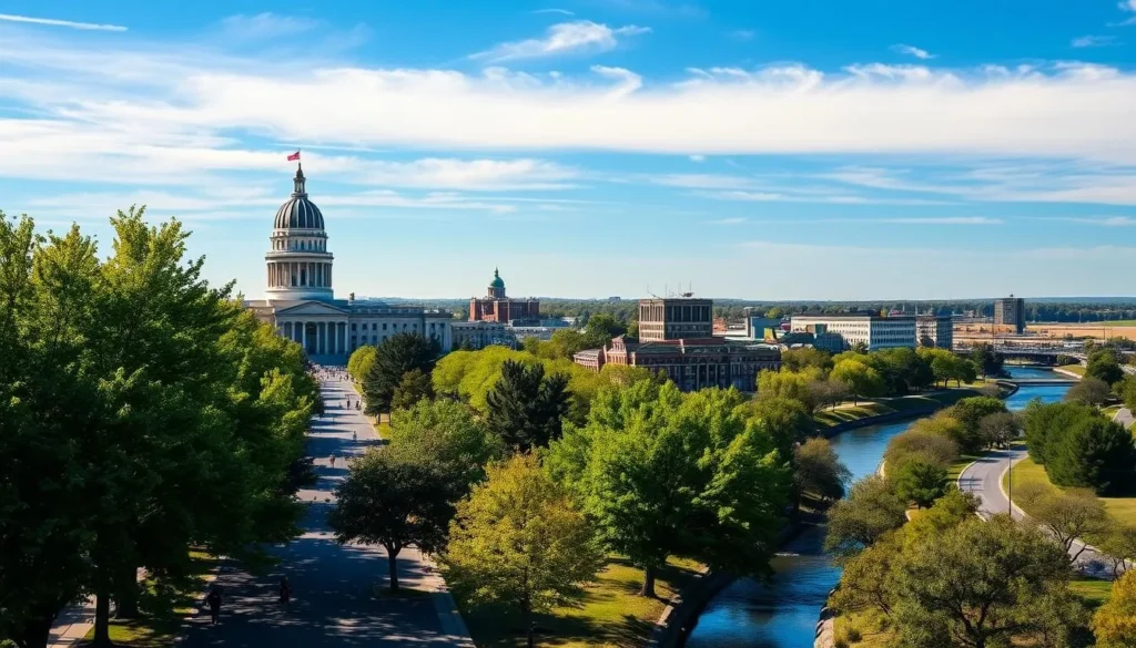 Picturesque skyline of Lincoln, Nebraska's capital city, with the iconic State Capitol building prominently featured. Vibrant green trees line the streets, casting gentle shadows across the bustling downtown area. Pedestrians stroll along the sidewalks, enjoying the warm, sunny day. In the distance, the glistening waters of Salt Creek wind through the landscape, reflecting the blue sky above. The scene conveys a sense of tranquility and civic pride, perfectly capturing the essence of this Midwestern gem.