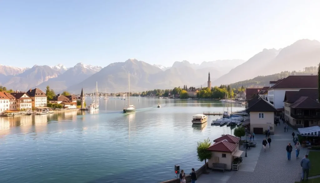 Picturesque town of Thun nestled on the banks of the serene Lake Thun, Switzerland. Charming historic buildings with red-tiled roofs and quaint cobblestone streets line the shoreline, reflecting in the calm, crystalline waters. Towering mountains rise in the distance, their snow-capped peaks bathed in warm, golden sunlight. Boats and yachts dot the lake, creating a tranquil, idyllic scene. Pedestrians stroll along the lively promenade, taking in the breathtaking vistas. A perfect summer's day, with a gentle breeze and an atmosphere of relaxation and leisure.